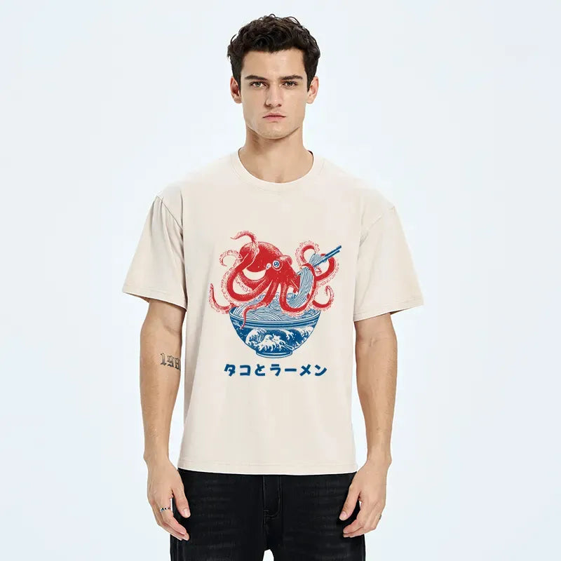 Kyoto-Lion Octopus Eating Ramen Washed T-Shirt