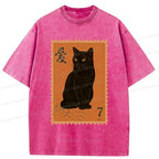 Japanese Cat Stamp Washed T-Shirt