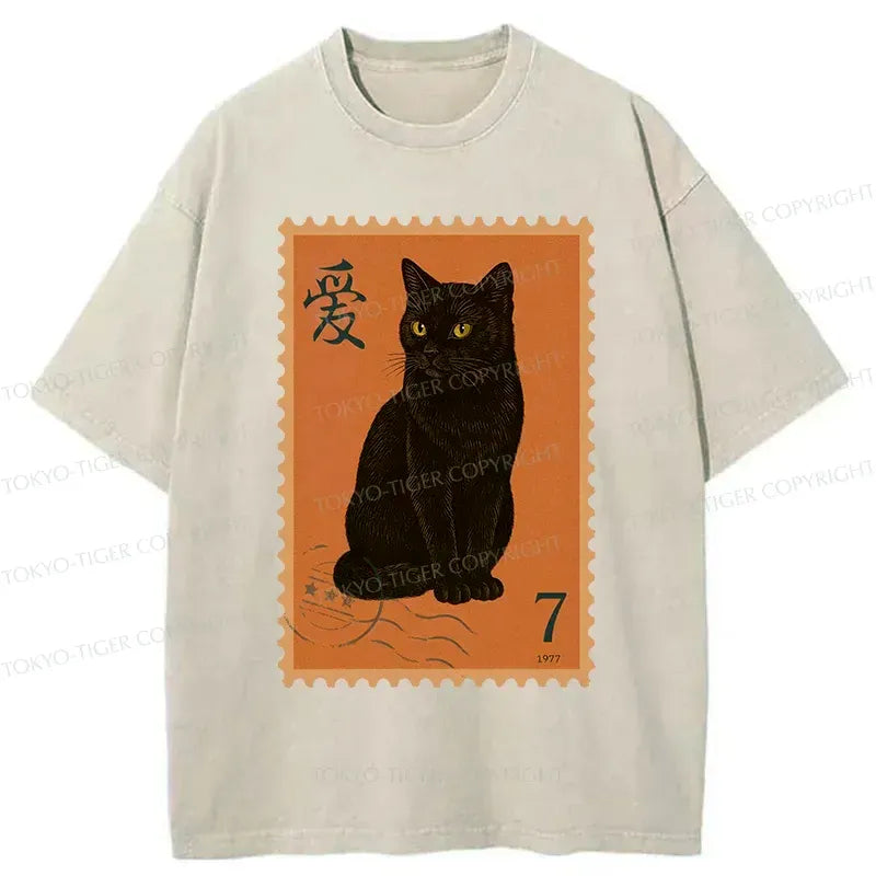 Japanese Cat Stamp Washed T-Shirt