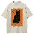 Japanese Cat Stamp Washed T-Shirt