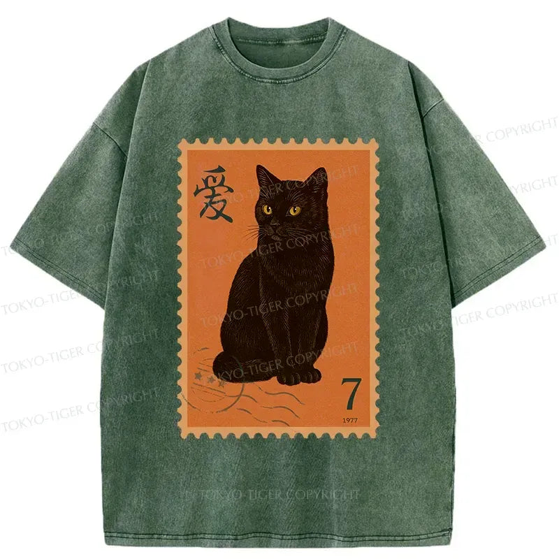 Japanese Cat Stamp Washed T-Shirt