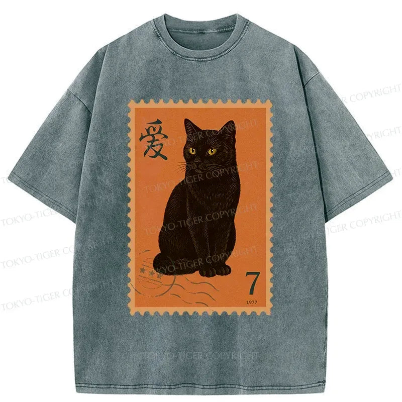 Japanese Cat Stamp Washed T-Shirt