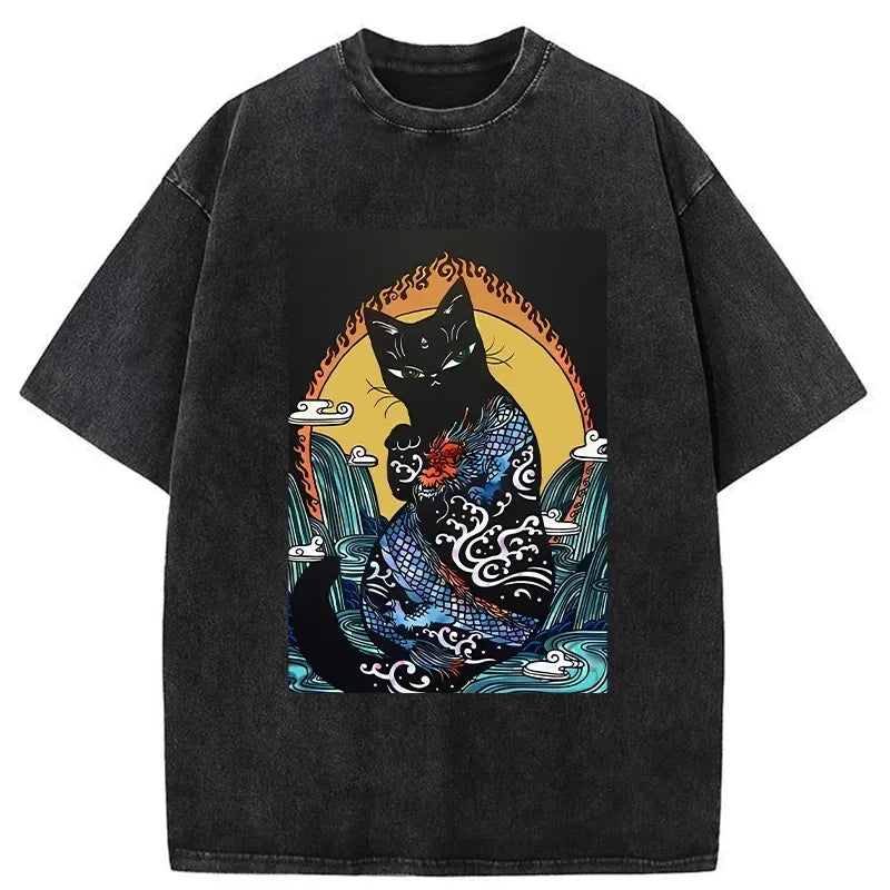 Kyoto-Lion Black Cat With Dragon Pattern Washed T-Shirt