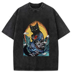 Kyoto-Lion Black Cat With Dragon Pattern Washed T-Shirt