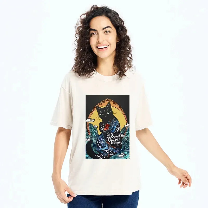 japanese dragon black cat t-shirt
