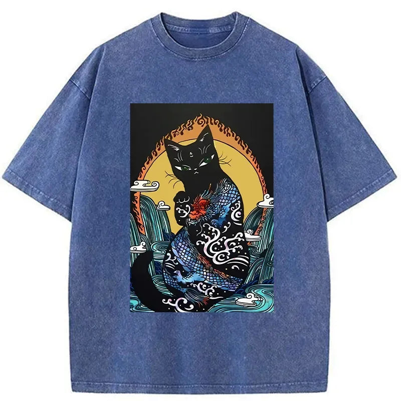 Kyoto-Lion Black Cat With Dragon Pattern Washed T-Shirt