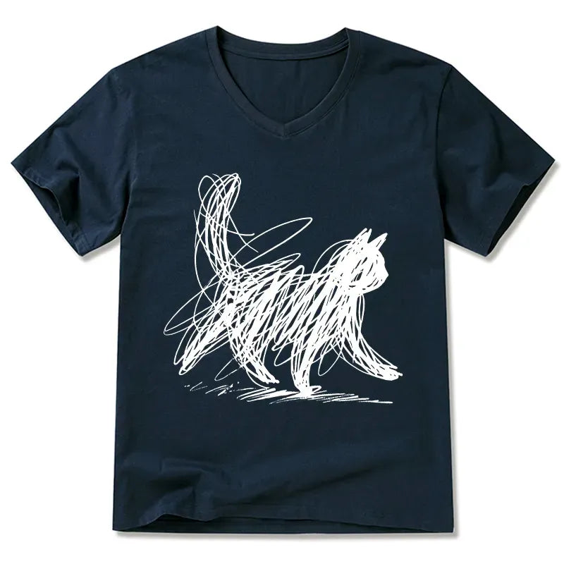 Kyoto-Lion Minimalist Cat Art V-Neck Classic T-Shirt