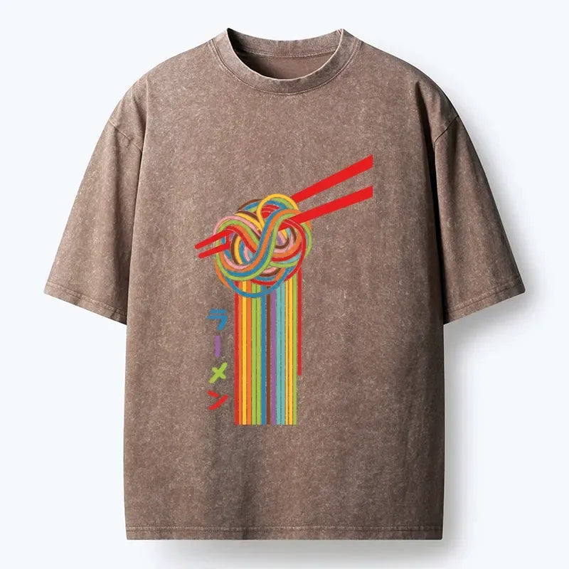 Kyoto-Lion Colorful Noodles On Red Chopsticks Washed T-Shirt