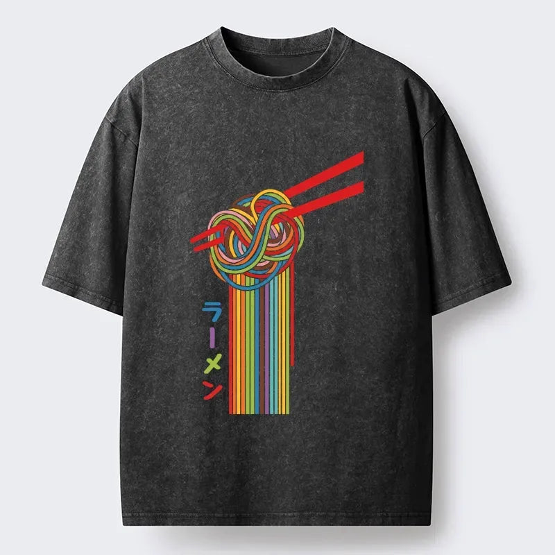 Kyoto-Lion Colorful Noodles On Red Chopsticks Washed T-Shirt
