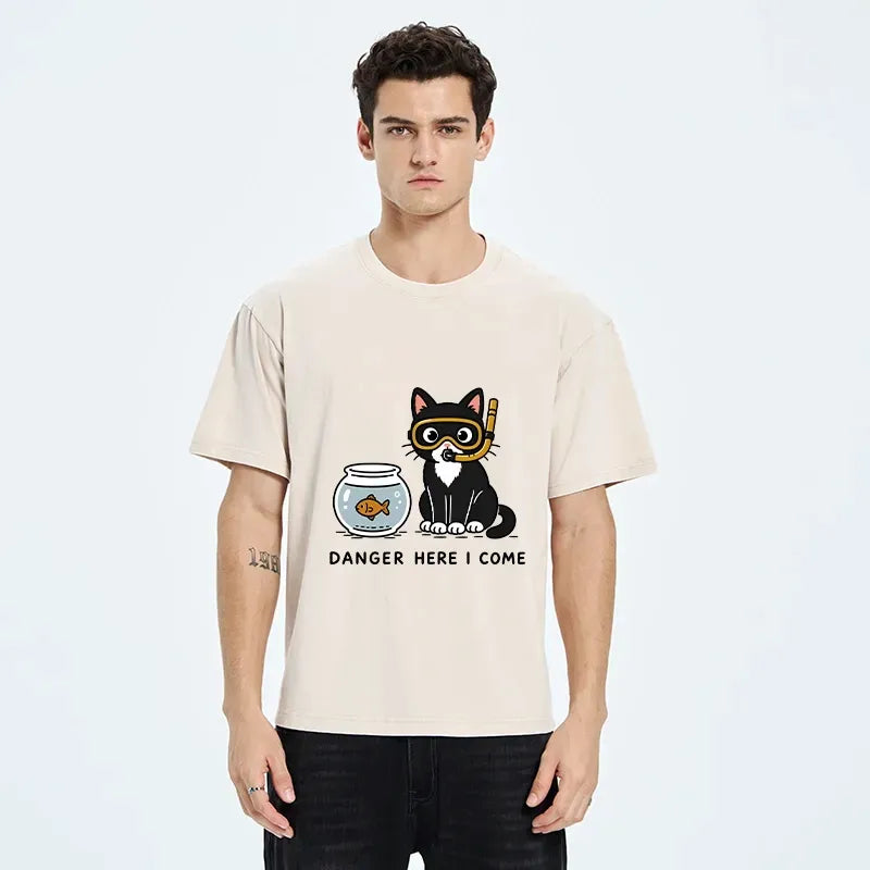 Kyoto-Lion Fish Bowl Cat Art Washed T-Shirt