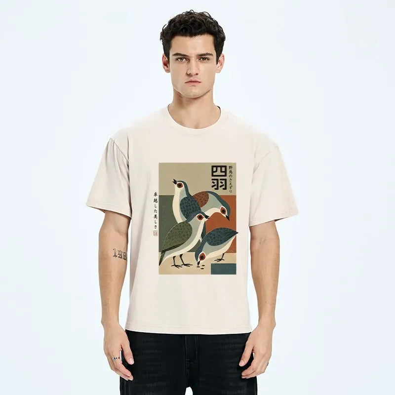 Kyoto-Lion Four Birds In Vintage Japanese Style Washed T-Shirt