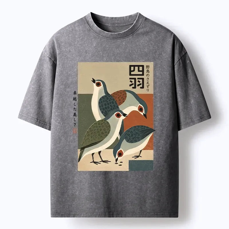 Four Birds Ukiyo-e T-Shirt for Gift Idea