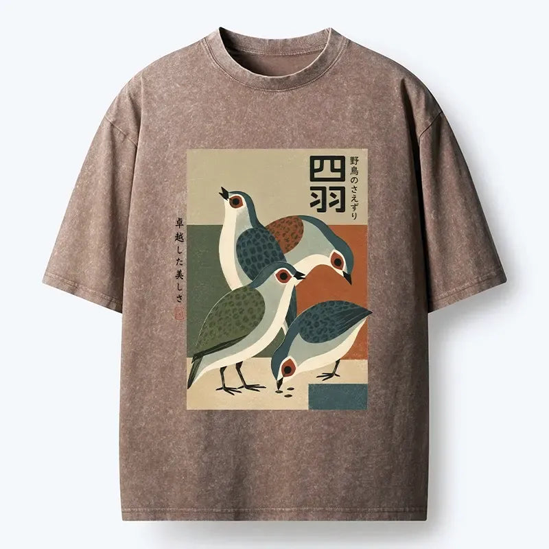 Four Birds Ukiyo-e T-Shirt for Gift Idea