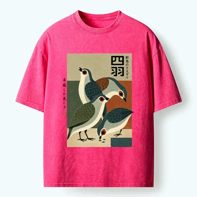 Kyoto-Lion Four Birds In Vintage Japanese Style Washed T-Shirt