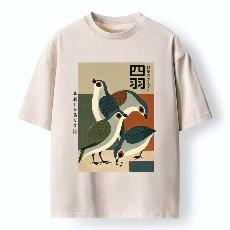 Kyoto-Lion Four Birds In Vintage Japanese Style Washed T-Shirt