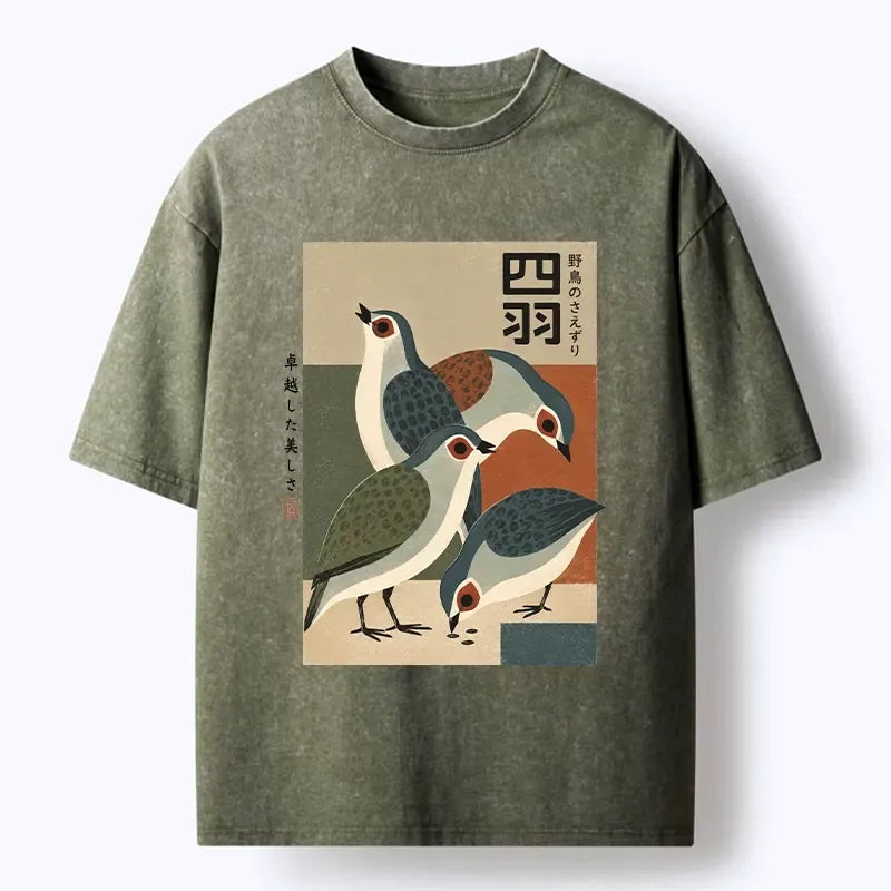 Kyoto-Lion Four Birds In Vintage Japanese Style Washed T-Shirt