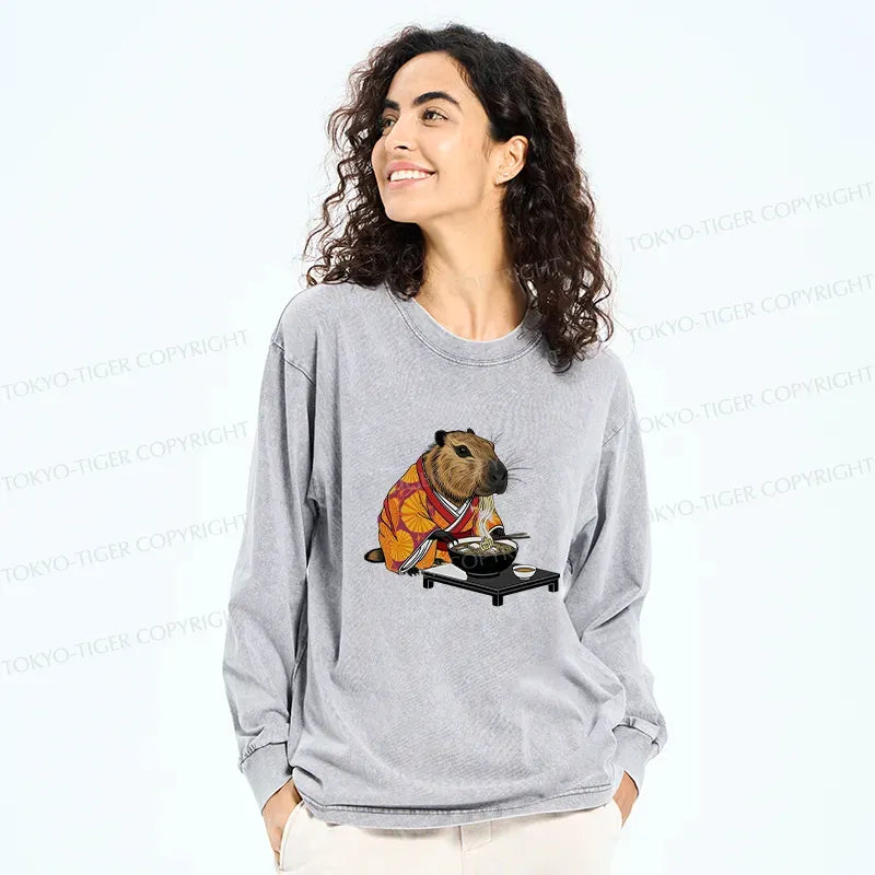 Kyoto-Lion Cute Capybara Eating Ramen Washed Long Sleeve T-Shirt