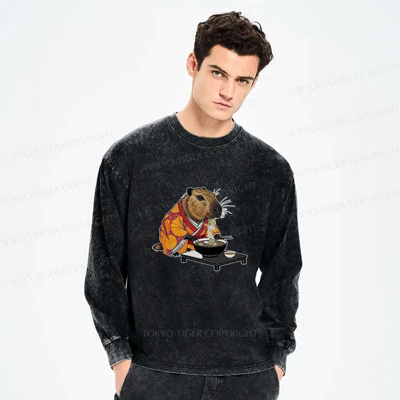 Kyoto-Lion Cute Capybara Eating Ramen Washed Long Sleeve T-Shirt