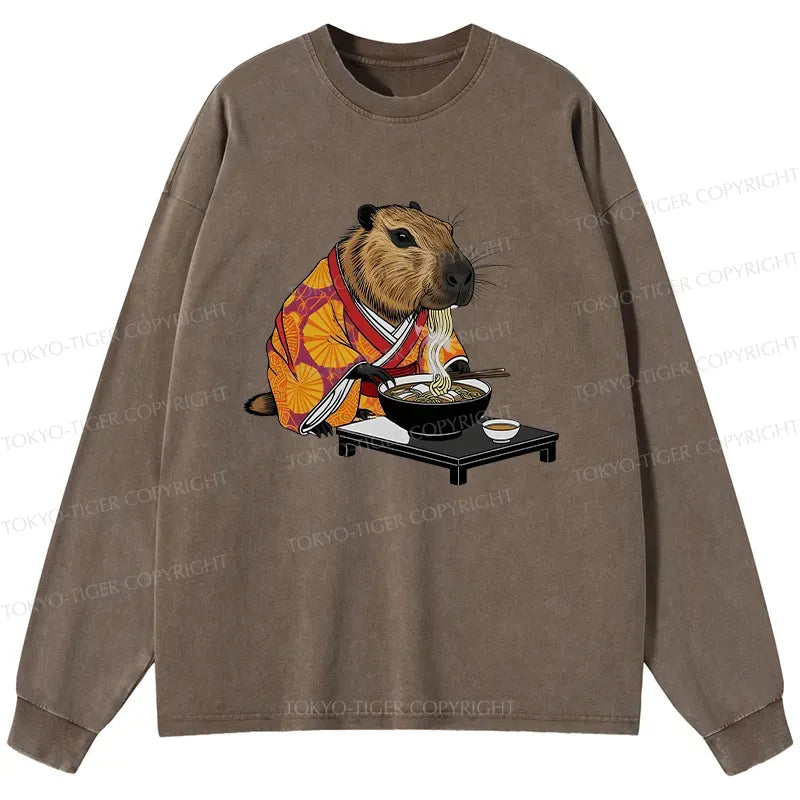 Kyoto-Lion Cute Capybara Eating Ramen Washed Long Sleeve T-Shirt
