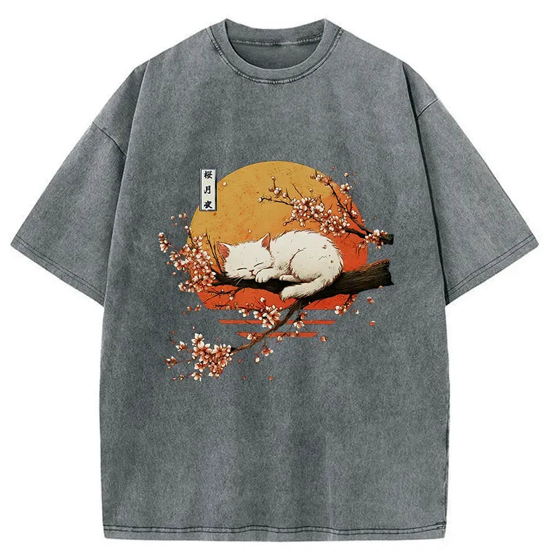 Japanese Cat Sakura Washed T-Shirt