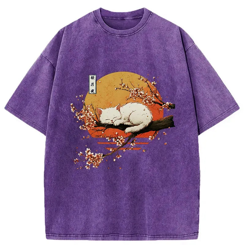 Japanese Cat Sakura Washed T-Shirt