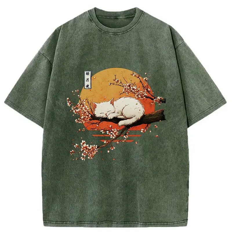 Kyoto-Lion Cat Sakura Washed T-Shirt