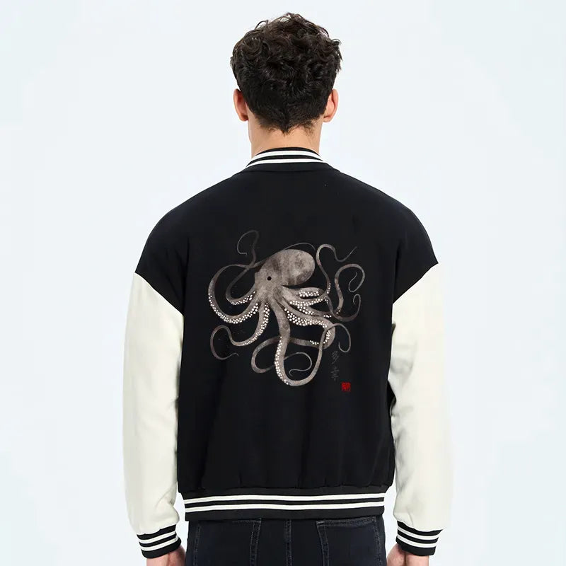 Kyoto-Lion Octopus Japanese Calligraphy Embroidery Varsity Jacket