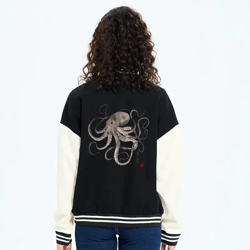 Kyoto-Lion Octopus Japanese Calligraphy Embroidery Varsity Jacket