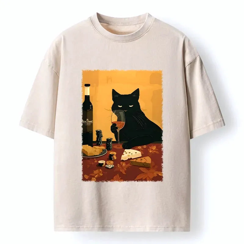 Kyoto-Lion Chill Black Cat Wine Cheese Art Washed T-Shirt