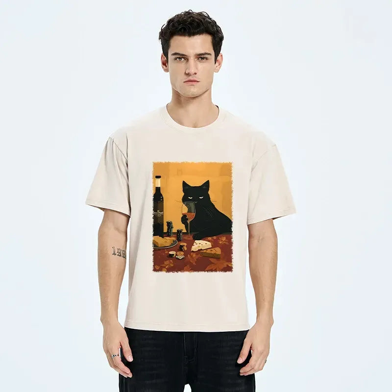 Kyoto-Lion Chill Black Cat Wine Cheese Art Washed T-Shirt