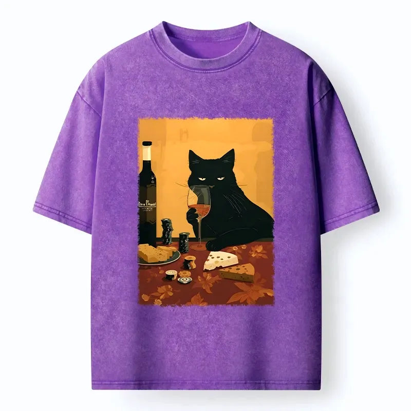 Kyoto-Lion Chill Black Cat Wine Cheese Art Washed T-Shirt