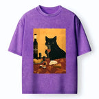Kyoto-Lion Chill Black Cat Wine Cheese Art Washed T-Shirt