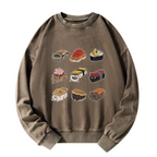 washed sweatshirt with cat sushi design