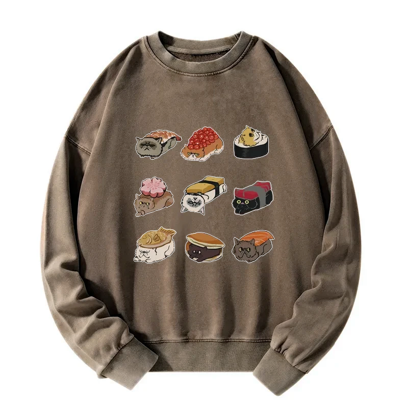 washed sweatshirt with cat sushi design