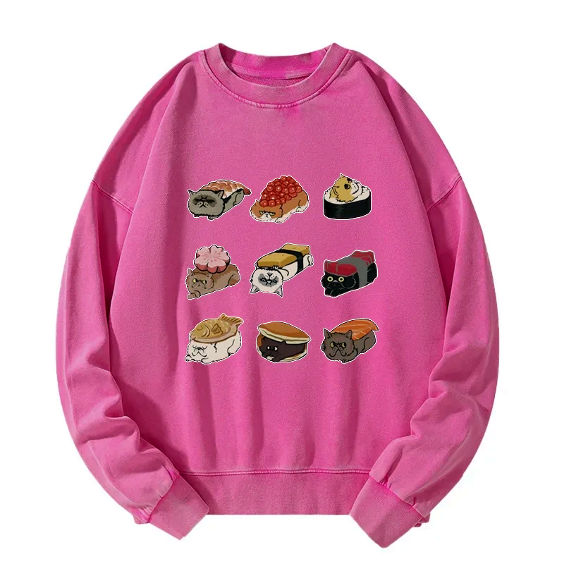 Kyoto-Lion Cute Cat Sushi Washed Sweatshirt