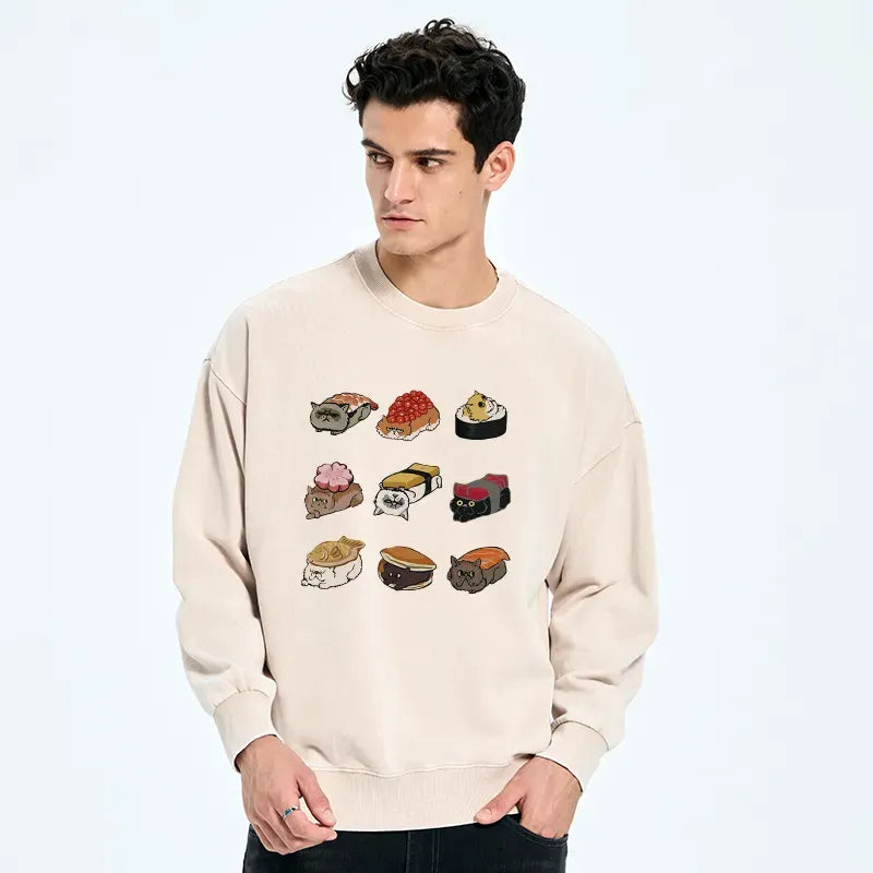Kyoto-Lion Cute Cat Sushi Washed Sweatshirt