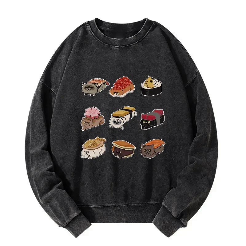 washed sweatshirt with cat sushi design