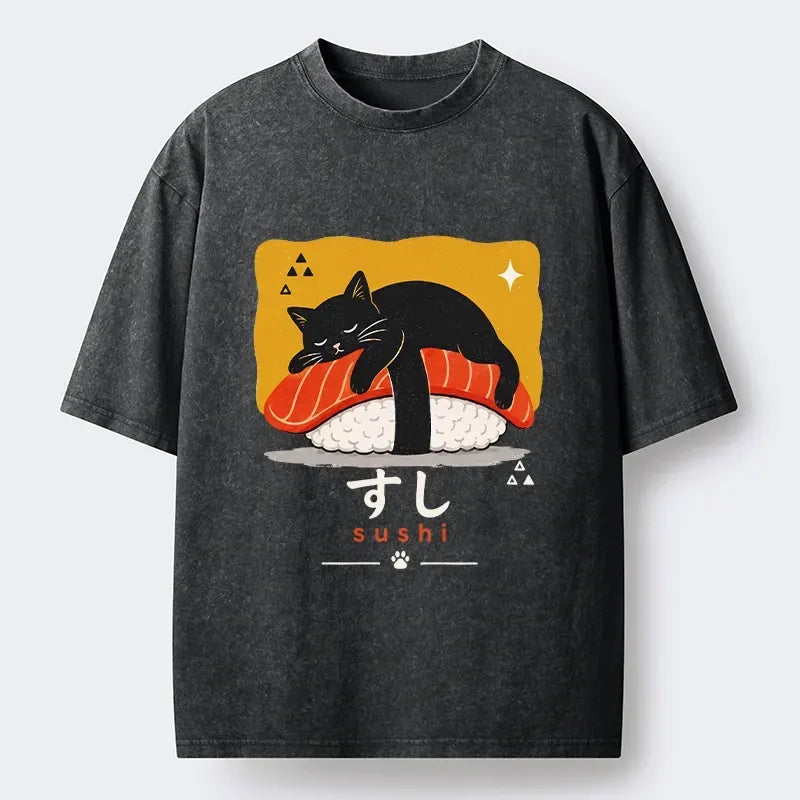 Kyoto-Lion Black Cat Napping On Salmon Sushi Washed T-Shirt
