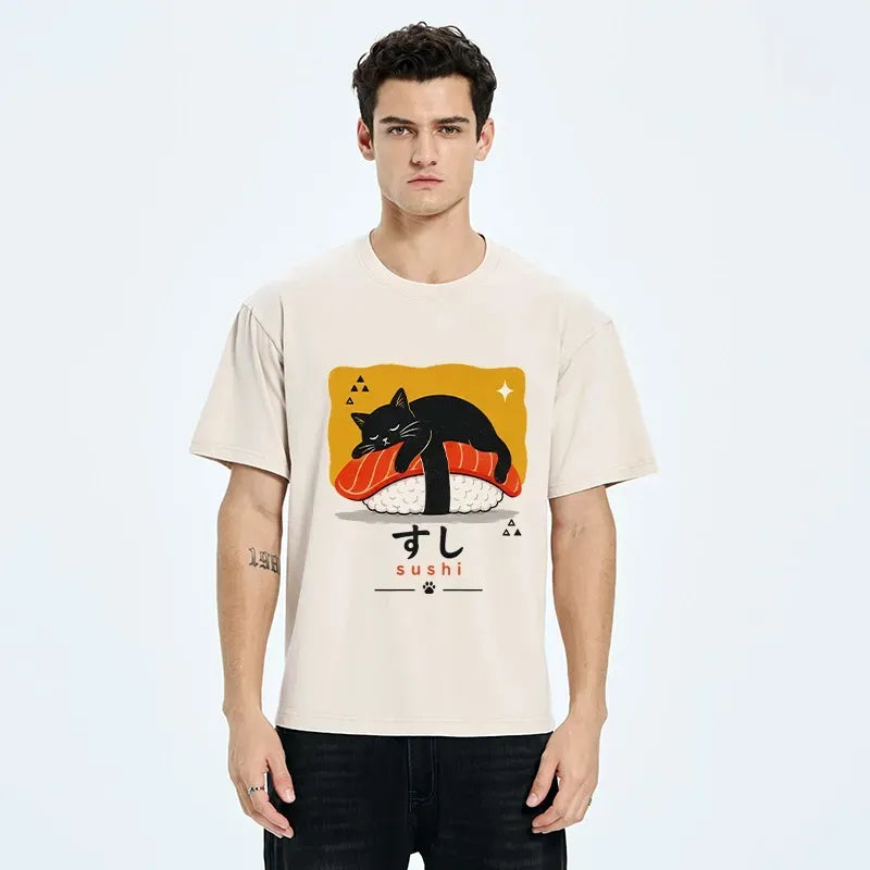 Kyoto-Lion Black Cat Napping On Salmon Sushi Washed T-Shirt