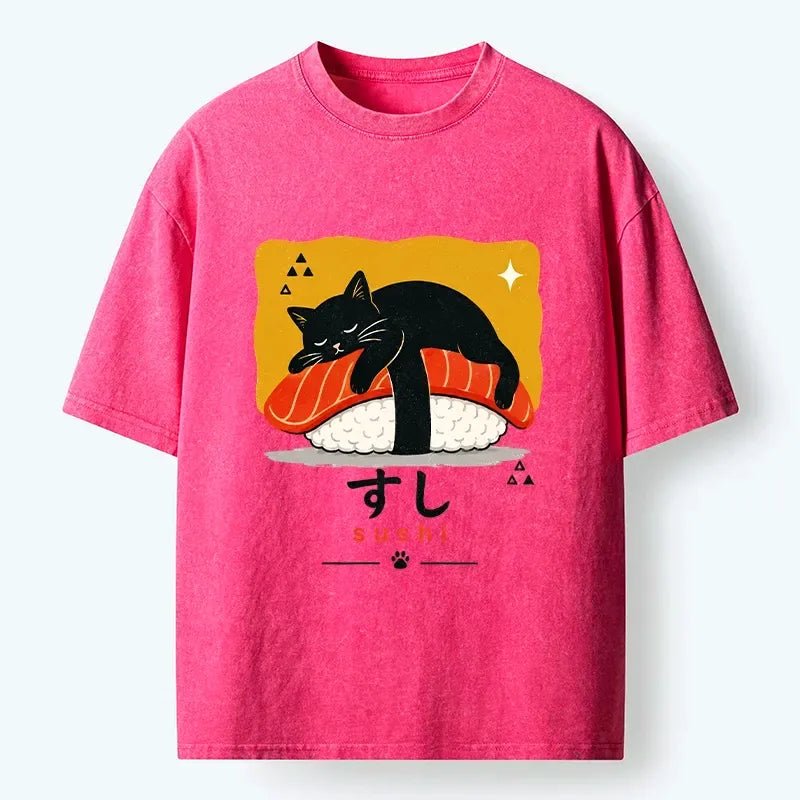 Kyoto-Lion Black Cat Napping On Salmon Sushi Washed T-Shirt