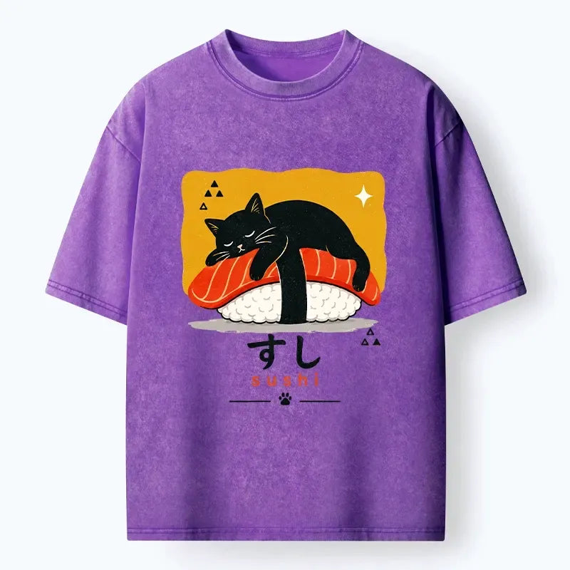 Kyoto-Lion Black Cat Napping On Salmon Sushi Washed T-Shirt