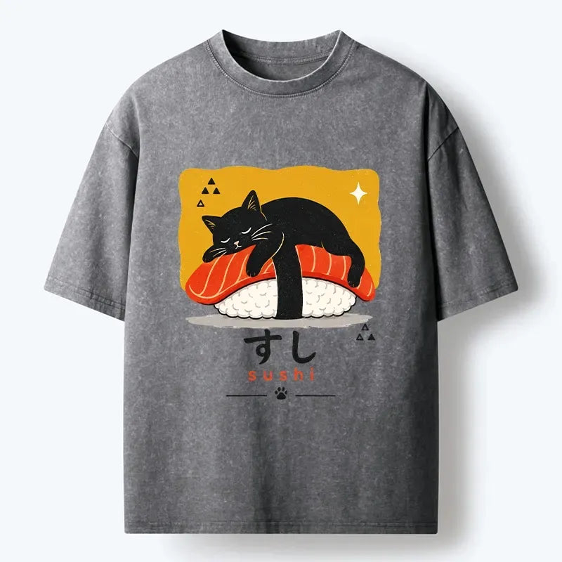 Kyoto-Lion Black Cat Napping On Salmon Sushi Washed T-Shirt
