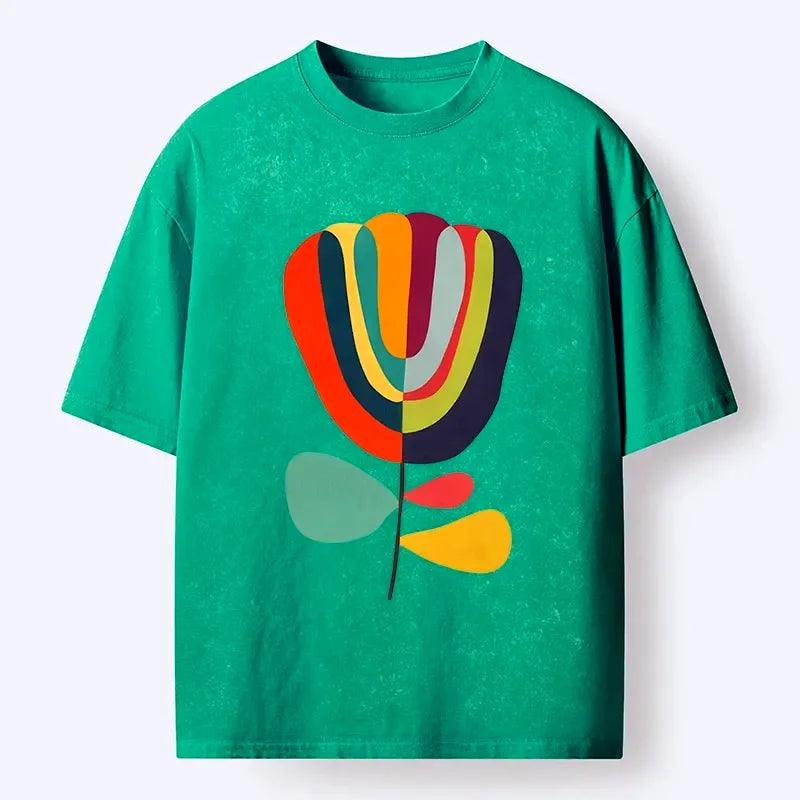 Kyoto-Lion Colorful Flower Minimalist Print Washed T-Shirt