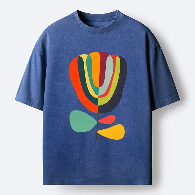 Kyoto-Lion Colorful Flower Minimalist Print Washed T-Shirt