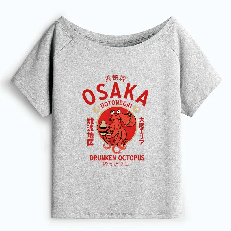 Japanese Drunken Octopus Off Shoulder T-Shirt for Women