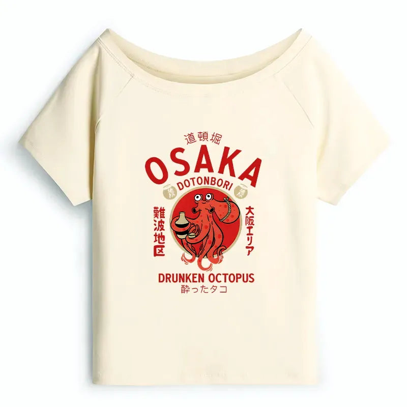 Japanese Drunken Octopus Off Shoulder T-Shirt for Women