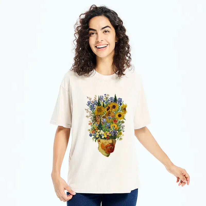 Kyoto-Lion Van Gogh's Blooming Flowers Washed T-Shirt