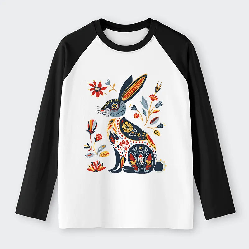 Kyoto-Lion Folk Hare Bloom Raglan Long Sleeve T-shirt