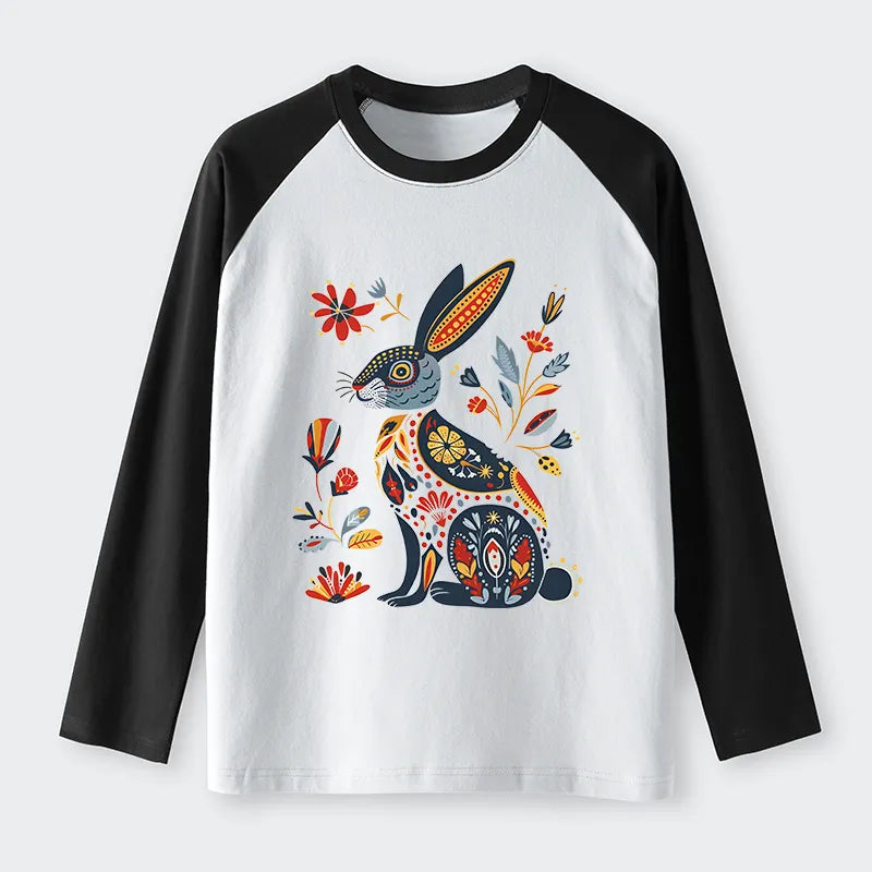 Kyoto-Lion Folk Hare Bloom Raglan Long Sleeve T-shirt