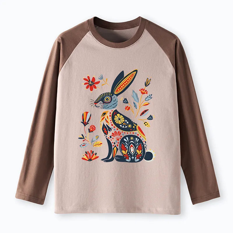 Kyoto-Lion Folk Hare Bloom Raglan Long Sleeve T-shirt